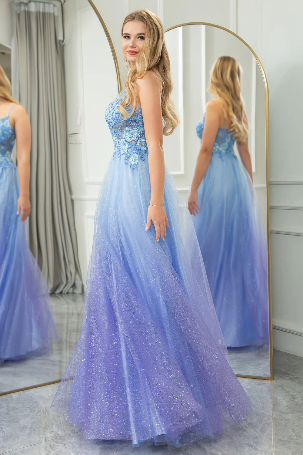 Sparkly Blue A Line Gradient Tulle Long Prom Dress With Appliques